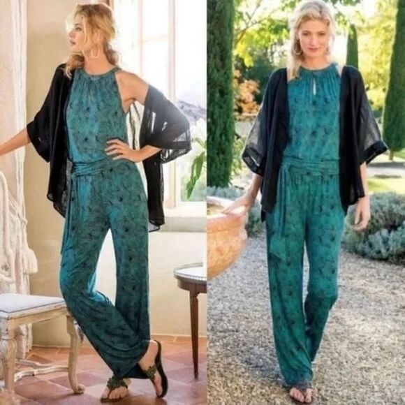 Soft Surroundings Sorrento Palm Jumpsuit Jersey Stretch Women Medium Teal 2AX83 - Picture 1 of 10